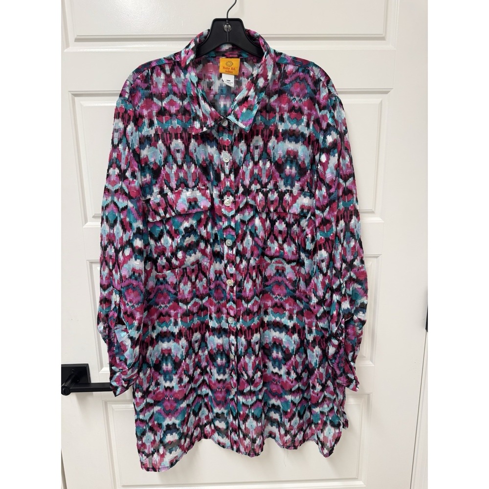 Ruby Rd Woman Long Sleeve Colorful Print Shirt Button Up Semisheer Size 24W